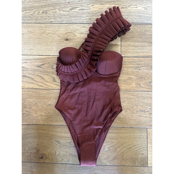 Andrea Iyamah Nisi One Shoulder Ruffle One Piece Swimsuit Chocolate Womens Size - Picture 6 of 12